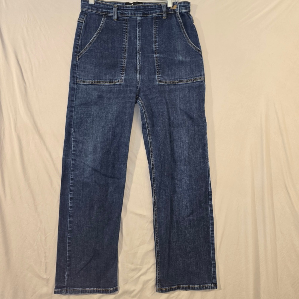 AstroBettie Wide Leg Jeans 34 Womens Dark Wash Retro Rockabilly Patch Pocket